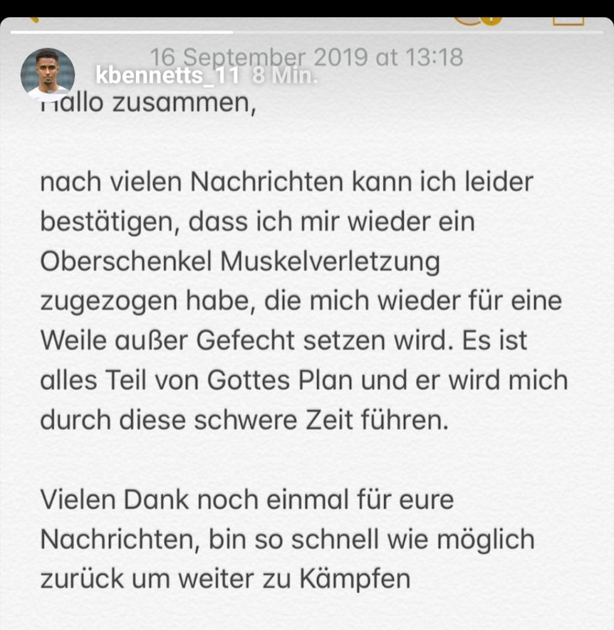 Keanan Bennetts meldet sich schriftlich bei seinen Fans.