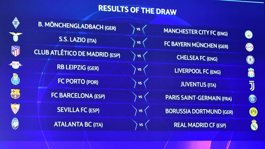 Die Auslosung zum Achtelfinale in der UEFA Champions League hat am 14. Dezember in Nyon stattgefunden. So trifft Borussia Mönchengladbach auf Manchester City, wie hier auf einer großen Videowand zu sehen ist.