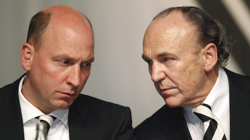 Die Wirtschafts-Bosse und Herren der Zahlen beim VfL Borussia: Präsident Rolf Königs (r.), ein erfolgreicher Unternehmer und Multi-Millionär, und sein enger Vertrauter, VfL-Geschäftsführer Stephan Schippers (l.).