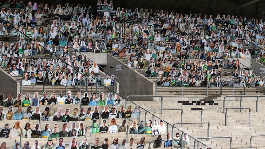 Etwa 12.000 Pappkameraden werden bis zum ersten Heimspiel Bayer 04 Leverkusen im Borussia-Park aufgestellt sein.