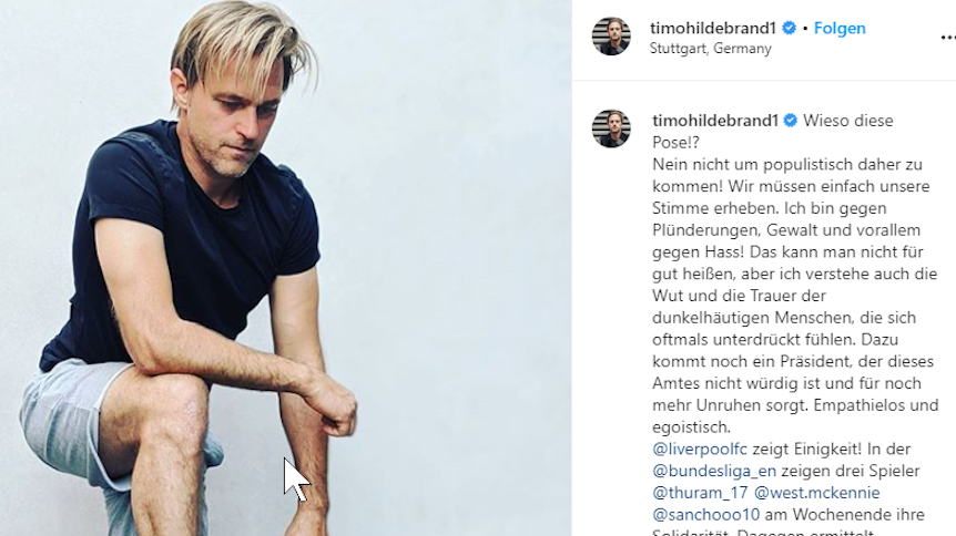 Auf seinem Instagram-Kanal veröffentlichte Timo Hildebrand ein Foto, das ihm beim Kniefall zeigt. In seinem Text kritisierte er dann Gladbach-Trainer Marco Rose.