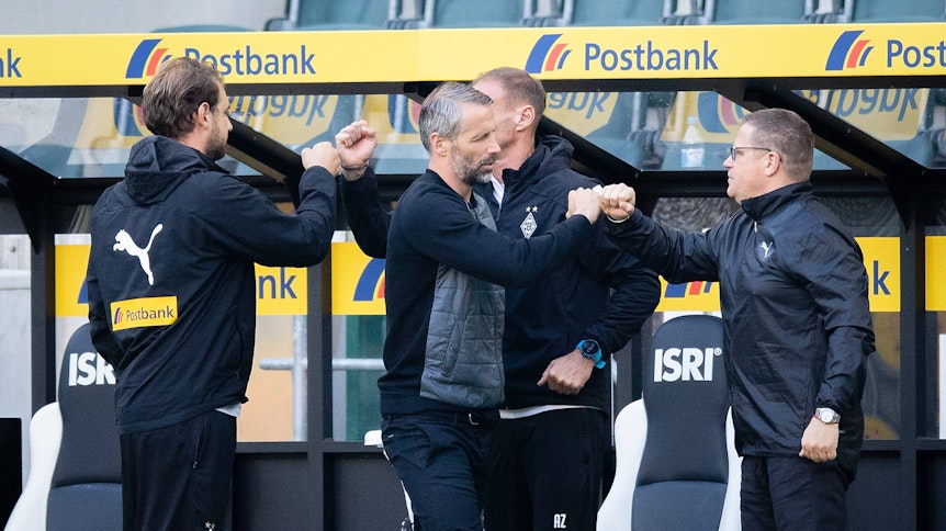 Max Eberl hat im Jahr 2019 nicht nur Cheftrainer Marco Rose, sondern auch dessen Assistenten René Maric (links) und Alexander Zickler (hinten) nach Gladbach geholt.