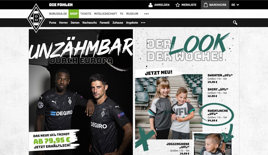 Im Bereich Shop finden Fans und Anhänger nicht nur die neuen Champions-League-Trikots der Fohlenelf.