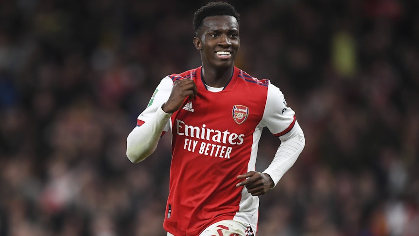 Eddie Nketiah vom FC Arsena feiert nach einem Torerfolg im Carabao-Cup gegen Leeds United am 26 Oktober 2021.