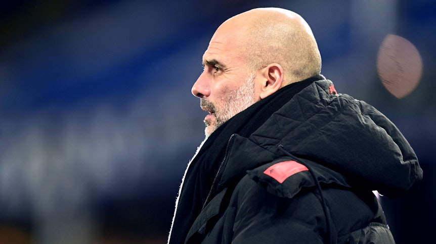 Manchester Citys Trainer Pep Guardiola beim Premier-League-Spiel gegen den FC Everton am 17. Februar 2021.