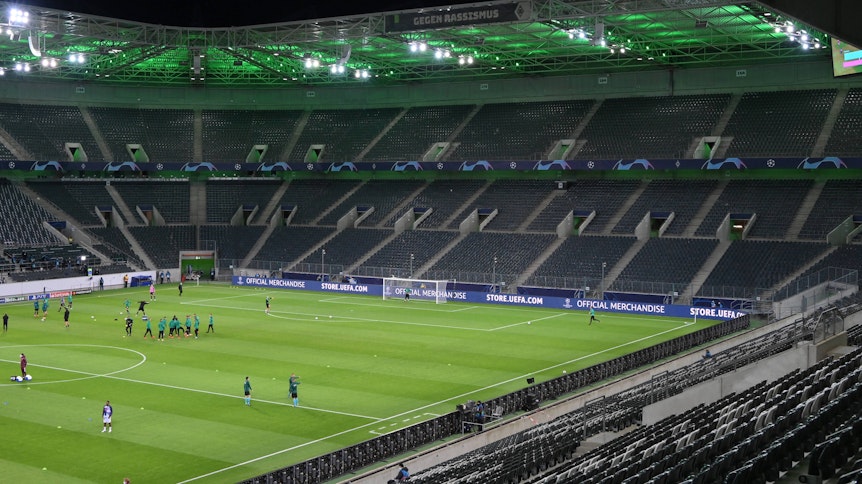 Der Gladbacher Borussia-Park vor dem Champions-League-Geisterspiel der Fohlen-Elf am 27. Oktober 2020 gegen Real Madrid.