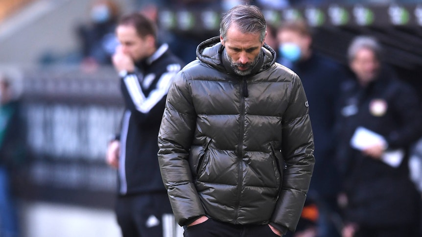 Gladbach-Trainer Marco Rose erlebt mit Borussia im Rheinland-Duell gegen Bayern Leverkusen (6. März 2021) die nächste Bundesliga-Niederlage.