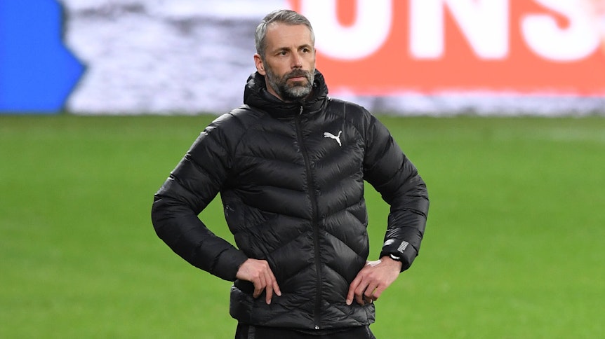 Gladbach-Trainer Marco Rose im Bundesligaspiel seiner Gladbacher gegen die TSG Hoffenheim am 21. April 2021.