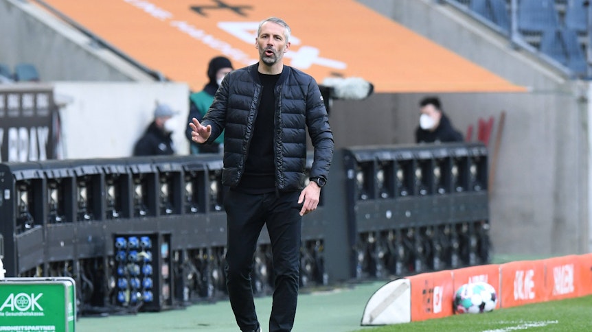 Gladbach-Trainer Marco Rose beim Bundesligasieg seiner Mannschaft gegen Bielefeld am 25. April 2021 im Borussia-Park.