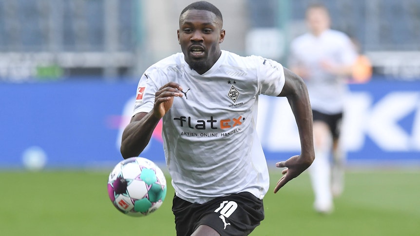 Gladbachs Marcus Thuram im Bundesligaspiel von Borussia Mönchengladbach gegen Arminia Bielefeld am 25. April 2021 im Borussia-Park.
