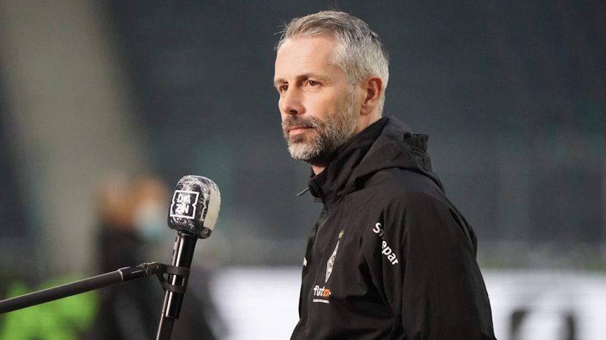 Gladbach-Trainer Marco Rose, hier beim Bundesliga-Spiel gegen den SC Freiburg am 3. April 2021, hält Hertha BSC trotz der bislang schwankenden Saison für eine starke Mannschaft.