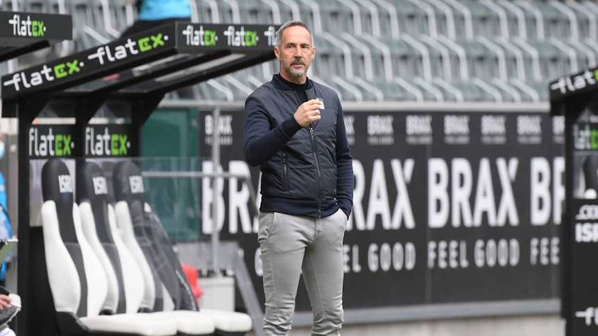 Trainer Adi Hütter, hier zu sehen am 17. April 2021 im Borussia-Park, wird ab dem 1. Juli neuer Coach bei Borussia Mönchengladbach.