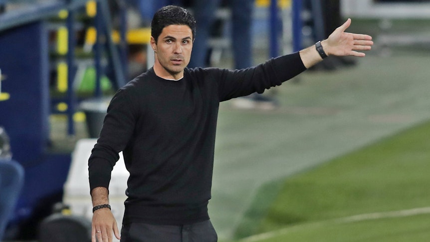Arsenal-Coach Mikel Arteta beim Europa-League-Halbfinal-Hinspiel beim Villarreal CF am 29. April 2021 an der Seitenlinie.