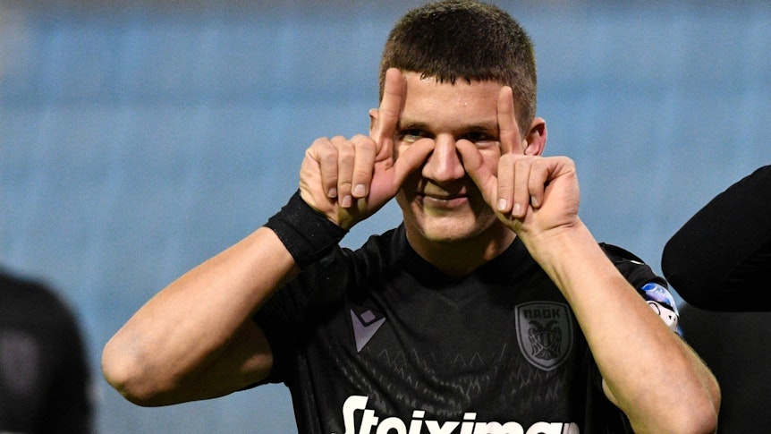 Christos Tzolis beim Torjubel während des Griechischen Super-League-Spiels zwischen PAS Lamia 1964 und PAOK Thessaloniki am 29. November 2020.