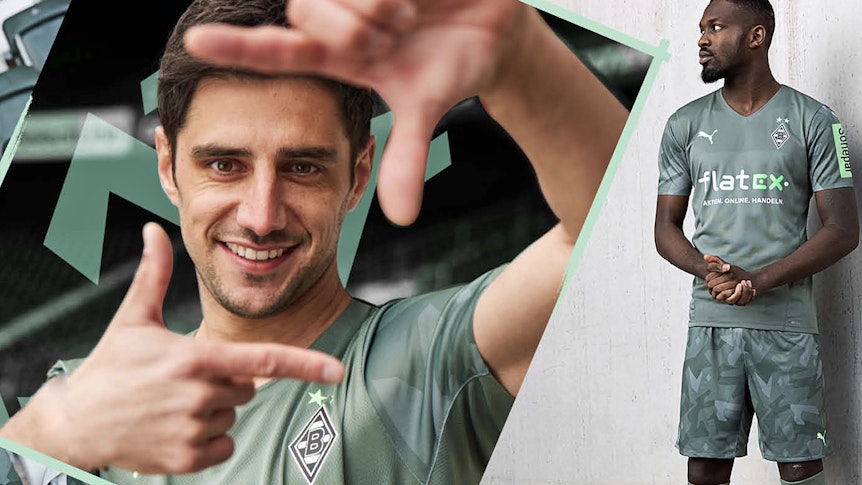 Lars Stindl (links) und Marcus Thuram (rechts) zeigen sich im neuen Auswärtstrikot der Gladbacher Borussia.