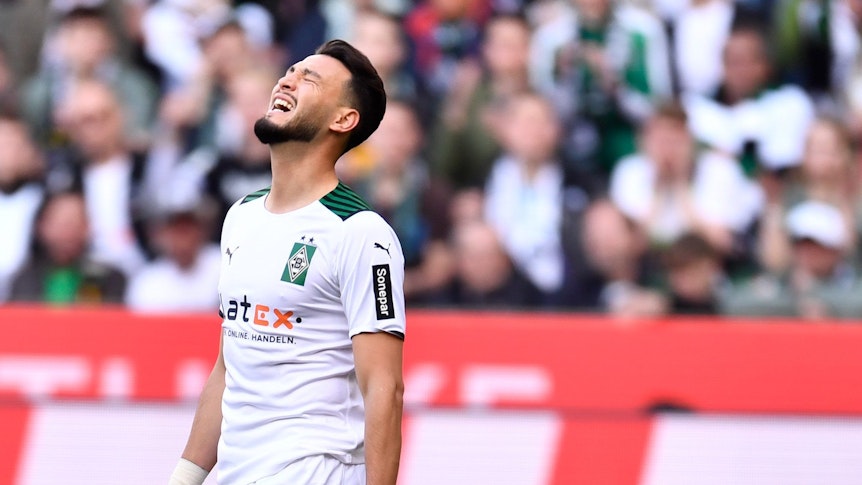 Ramy Bensebaini schreit seinen Frust im Spiel gegen den 1. FC Köln heraus