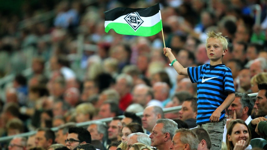 Zuschauerinnen und Zuschauer im Borussia-Park. Dieses Fan-Foto stammt von der Partie zwischen Borussia Mönchengladbach und dem VfL Wolfsburg am 19. August 2011. Ein junger Fan schwenkt seine Gladbach-Fahne.