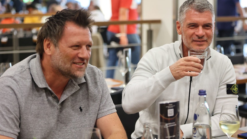 MOENCHENGLADBACH, GERMANY - JUNE 14: (L-R) Stephan Passlack and Karlheinz Pflipsen attend the Club of Former National Players meeting at Borussia-Park on June 14, 2022 in Moenchengladbach, Germany. (Photo by Christof Koepsel/Getty Images for DFB)