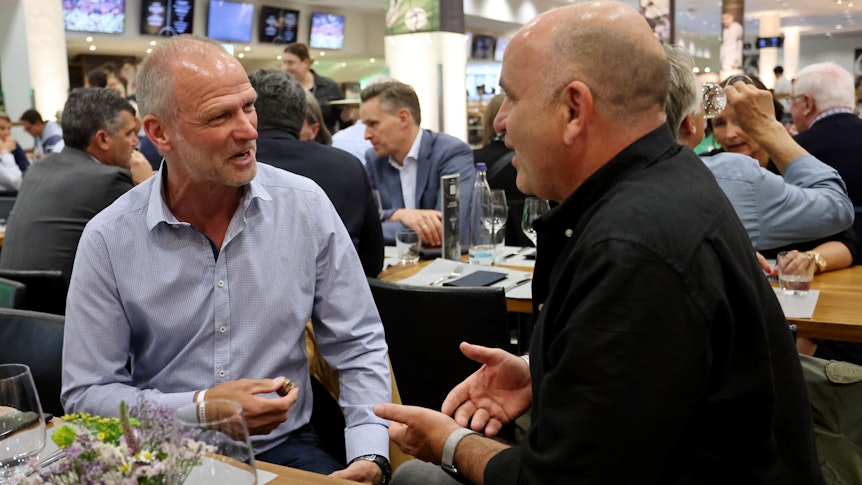MOENCHENGLADBACH, GERMANY - JUNE 14: (L-R) Holger Fach and Christian Hochstaetter attend the Club of Former National Players meeting at Borussia-Park on June 14, 2022 in Moenchengladbach, Germany. (Photo by Christof Koepsel/Getty Images for DFB)
