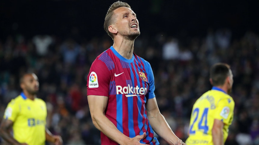 Luuk de Jong, Ex-Stürmer von Borussia Mönchengladbach, im Trikot des FC Barcelona im Spiel gegen Cadiz CF am 18. April 2022.