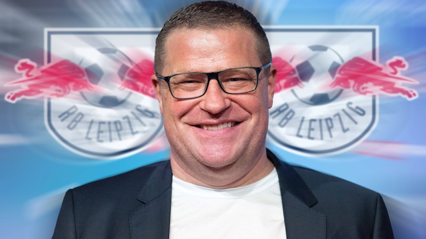 FOTOMONTAGE: Max Eberl, Ex-Manager von Borussia Mönchengladbach, soll neuer Sportchef von RB Leipzig werden. Das Bild zeigt ihn vor dem Logo der „Roten Bullen“.