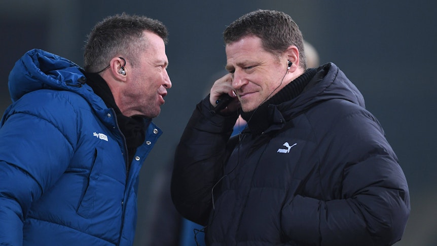 Weltmeister und Sky-Experte Lothar Matthäus (l.) und Ex-Gladbach-Manager Max Eberl (r.), auf diesem Bild am 15. Januar 2022 im Borussia-Park zu sehen.