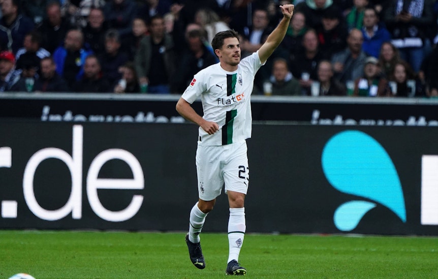 Torjubel von Jonas Hofmann, Profi von Borussia Mönchengladbach, im Bundesliga-Spiel gegen RB Leipzig am 17. September 2022.