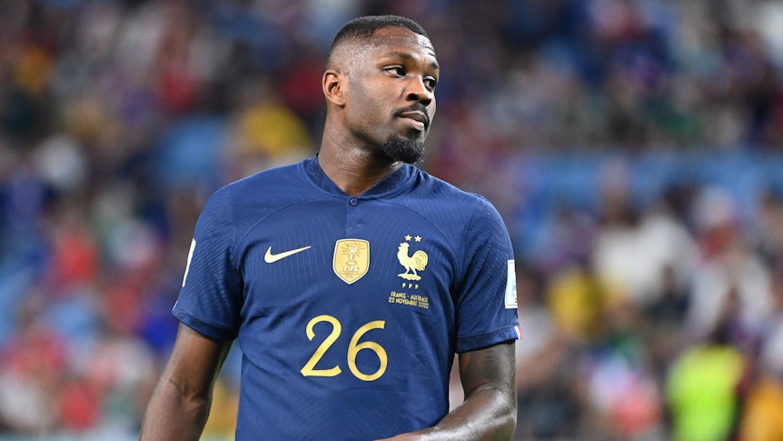 Marcus Thuram von Borussia Mönchengladbach im Trikot der französischen Nationalmannschaft beim WM-Spiel Frankreich gegen Australien am 22. November 2022 in Katar.