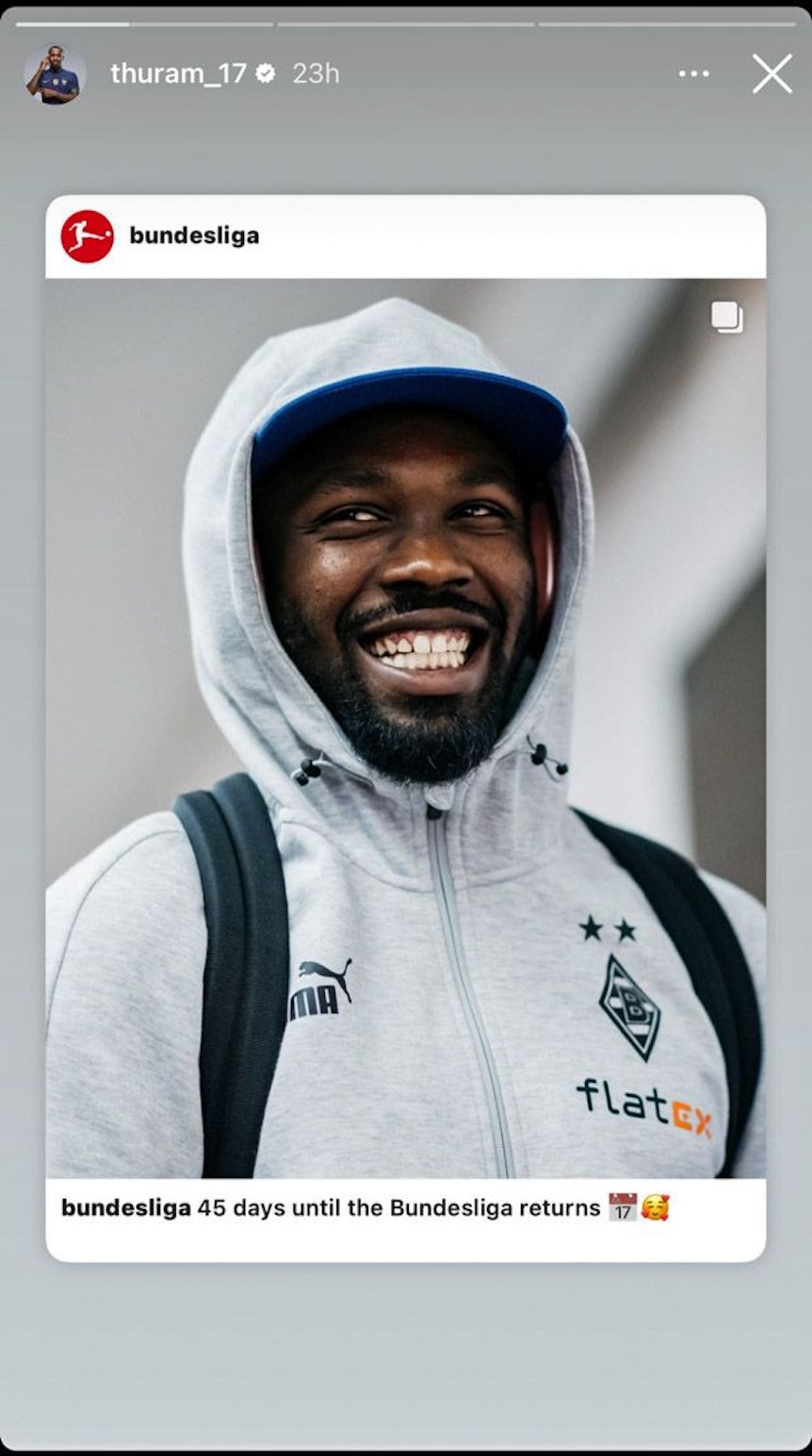 Marcus Thuram hat auf seinem Instagram-Kanal diesen Beitrag in der Story geteilt.
