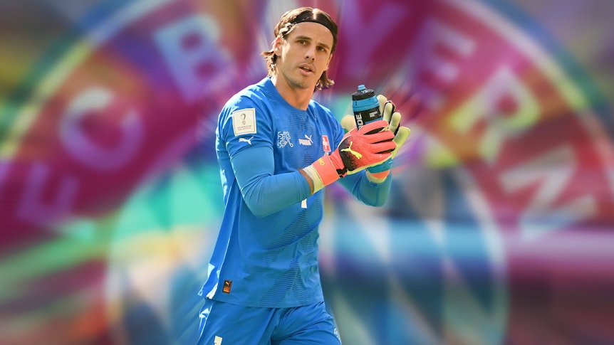 Yann Sommer, Keeper von Borussia Mönchengladbach, soll beim FC Bayern München Wunschkandidat auf die Nachfolge von Manuel Neuer sein. Die Fotomontage zeigt den 34-Jährigen vor dem Logo des FCB.