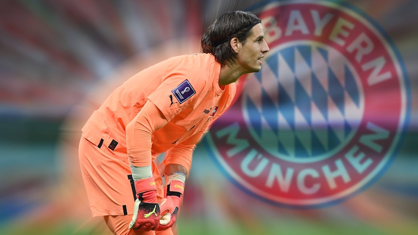 Fotomontage: Yann Sommer soll Medienberichten zufolge kurz vor einem Wechsel zu Rekordmeister Bayern München stehen. Das Foto zeigt den Schweizer seitlich stehend im orangen Trikot vor dem Logo des Klubs.