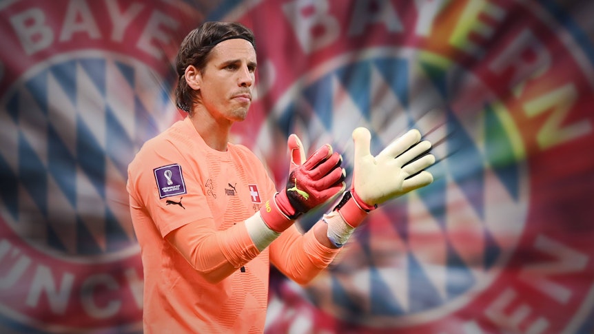 Diese Fotomontage zeigt es an: Torwart Yann Sommer ist am 19. Januar 2023 von Borussia Mönchengladbach zu Bayern München gewechselt. Zu sehen ist Yann Sommer, der in die Hände klatscht. Im Hintergrund erscheint das Bayern-München-Logo.