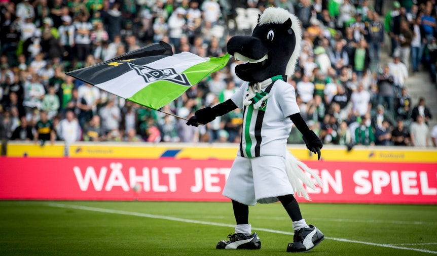 Das Maskottchen von Borussia Mönchengladbach, Jünter, schwenkt auf dem Rasen im Borussia-Park seine Fahne.