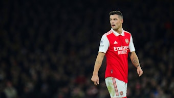 Granit Xhaka, Ex-Spieler von Borussia Mönchengladbach, hier am 15. Februar 2023 beim Spiel des FC Arsenal gegen Manchester City.