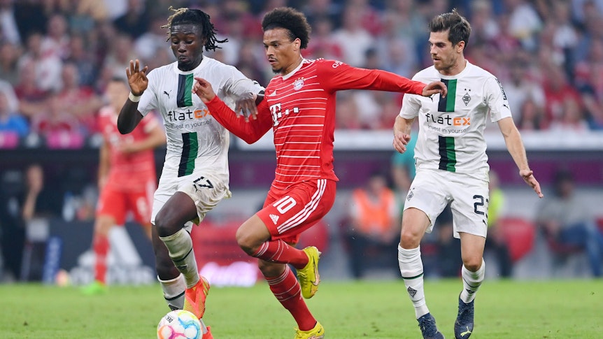 Manu Koné (l.) und Jonas Hofmann (r.), hier am 27. August 2022, kämpfen im Bundesliga-Spiel von Borussia Mönchengladbach beim FC Bayern München mit Leroy Sané um den Ball. Koné und Sané blicken auf den Ball, die Gladbach-Spieler tragen das weiße Borussia-Heimtrikot. Sané spielt ganz in rot.
