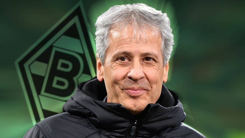 Diese Fotomontage zeigt Trainer Lucien Favre mit der Gladbach-Raute im Hintergrund. Der Schweizer ist am Samstag (27. Mai 2023) zu Gast im Borussia-Park gewesen und hat einen 2:0-Sieg der Fohlen-Elf gegen den FC Augsburg zum Liga-Finish gesehen.