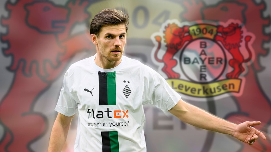 Jonas Hofmann verlässt Borussia Mönchengladbach nach siebeneinhalb Jahren und schließt sich Bayer Leverkusen an. Das Bild zeigt ihn in einer Fotomontage vor dem Logo der Werkself.