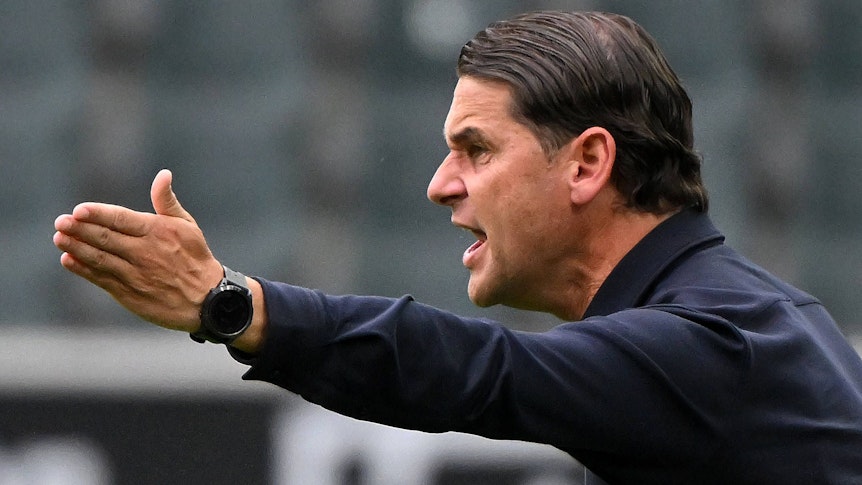 Gerardo Seaone gestikuliert am 5. August 2023 an der Seitenauslinie im Borussia-Park.