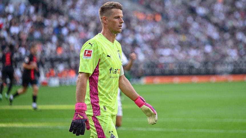 Jonas Omlin, Keeper von Borussia Mönchengladbach, hier am 26. August 2023 beim Bundesliga-Heimspiel gegen Bayer Leverkusen im Borussia-Park.