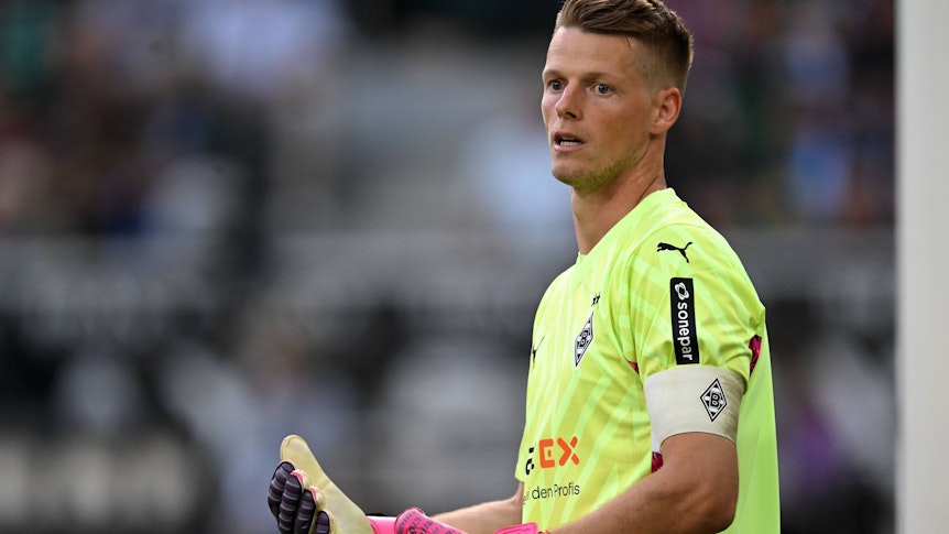 Jonas Omlin, Torhüter und Kapitän von Borussia Mönchengladbach, hier am 26. August 2023 beim Bundesliga-Match gegen Bayer 04 Leverkusen im Borussia-Park.