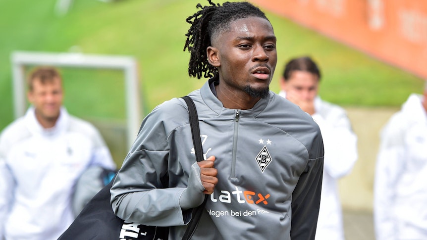 Manu Koné von Borussia Mönchengladbach, hier bei einer Trainingseinheit am 2. August 2023, ist am Mittwoch (6. September) ins Mannschaftstraining eingestiegen.