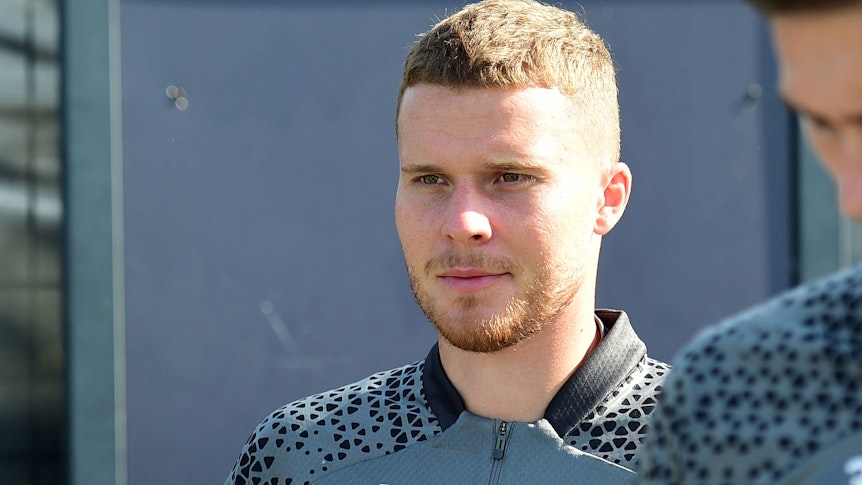 Nico Elvedi von Borussia Mönchengladbach, hier am 31. August 2023 im Rahmen einer Trainingseinheit im Borussia-Park in Nahaufnahme.