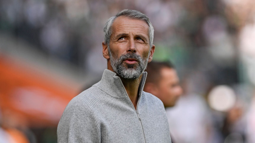 Marco Rose schaut im Borussia-Park nach oben auf die Tribüne.