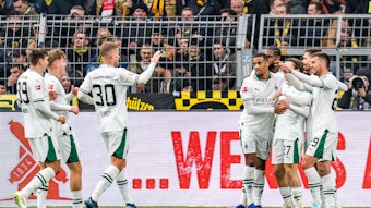 Die Gladbach-Spieler jubeln in Dortmund.
