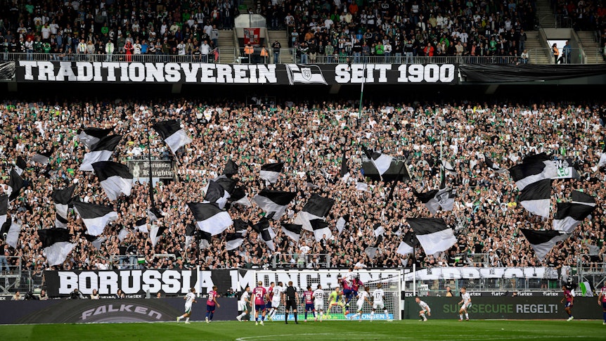 Die Nordkurve im Borussia-Park mit Fahnen und zwei großen Bannern.