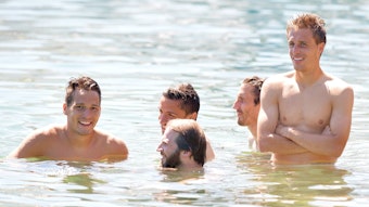 Janis Blaswich zu Borussia-Zeiten im Wasser mit Julian Korb und Patrick Herrmann.