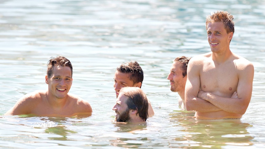 Janis Blaswich zu Borussia-Zeiten im Wasser mit Julian Korb und Patrick Herrmann.