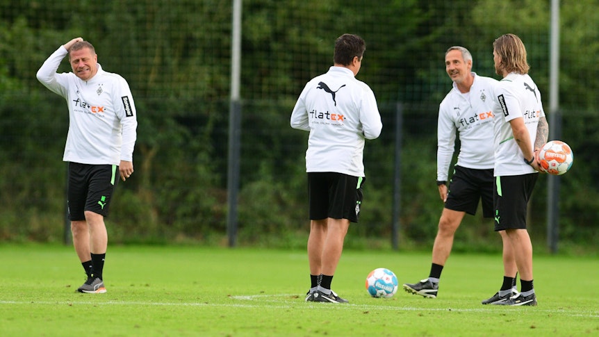 Max Eberl mit Adi Hütter und Eugen Polanski.
