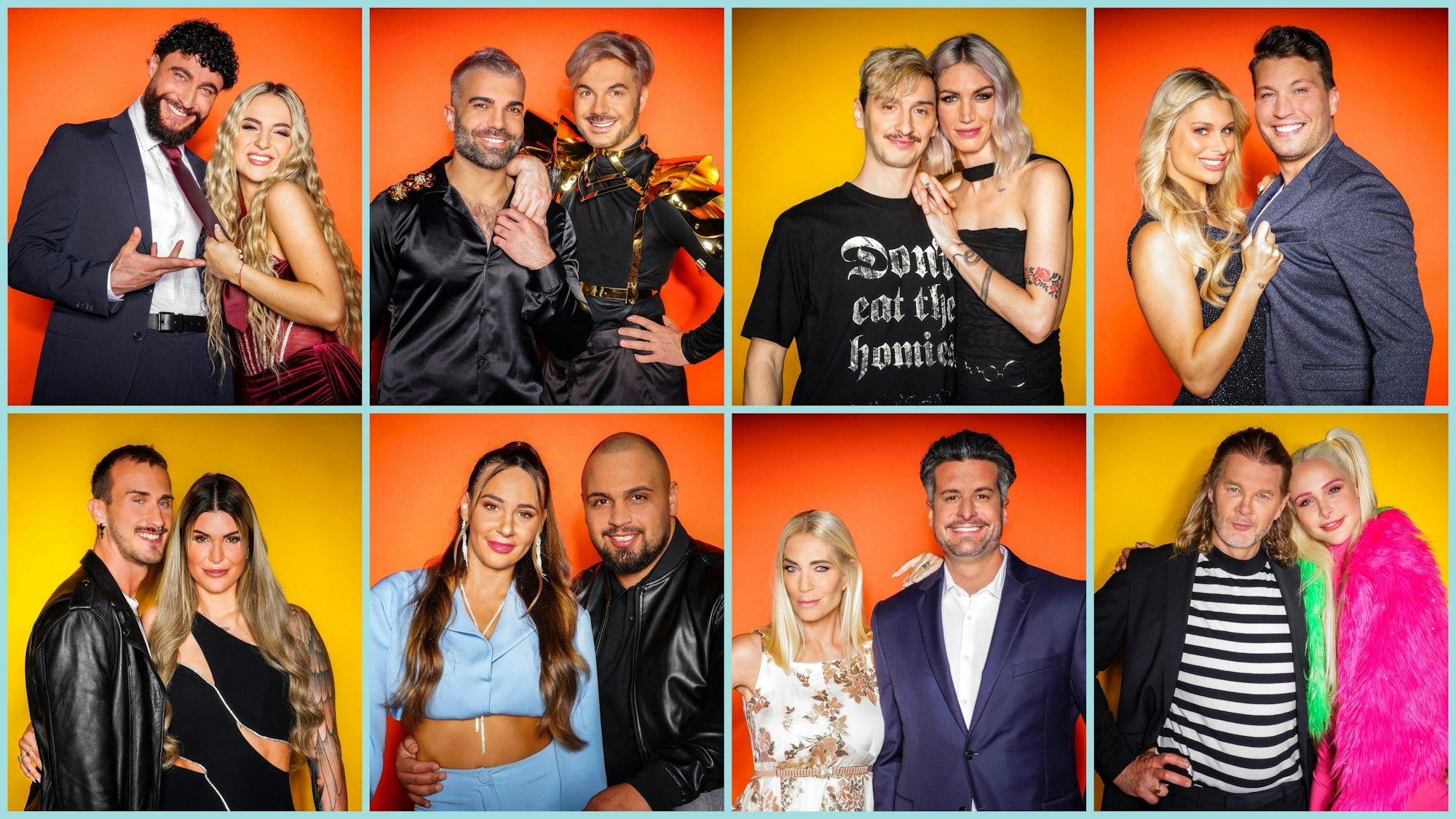 Die acht Kandidaten-Paare, die zum Start der neuen Staffel von „Das Sommerhaus der Stars“ dabei sind.