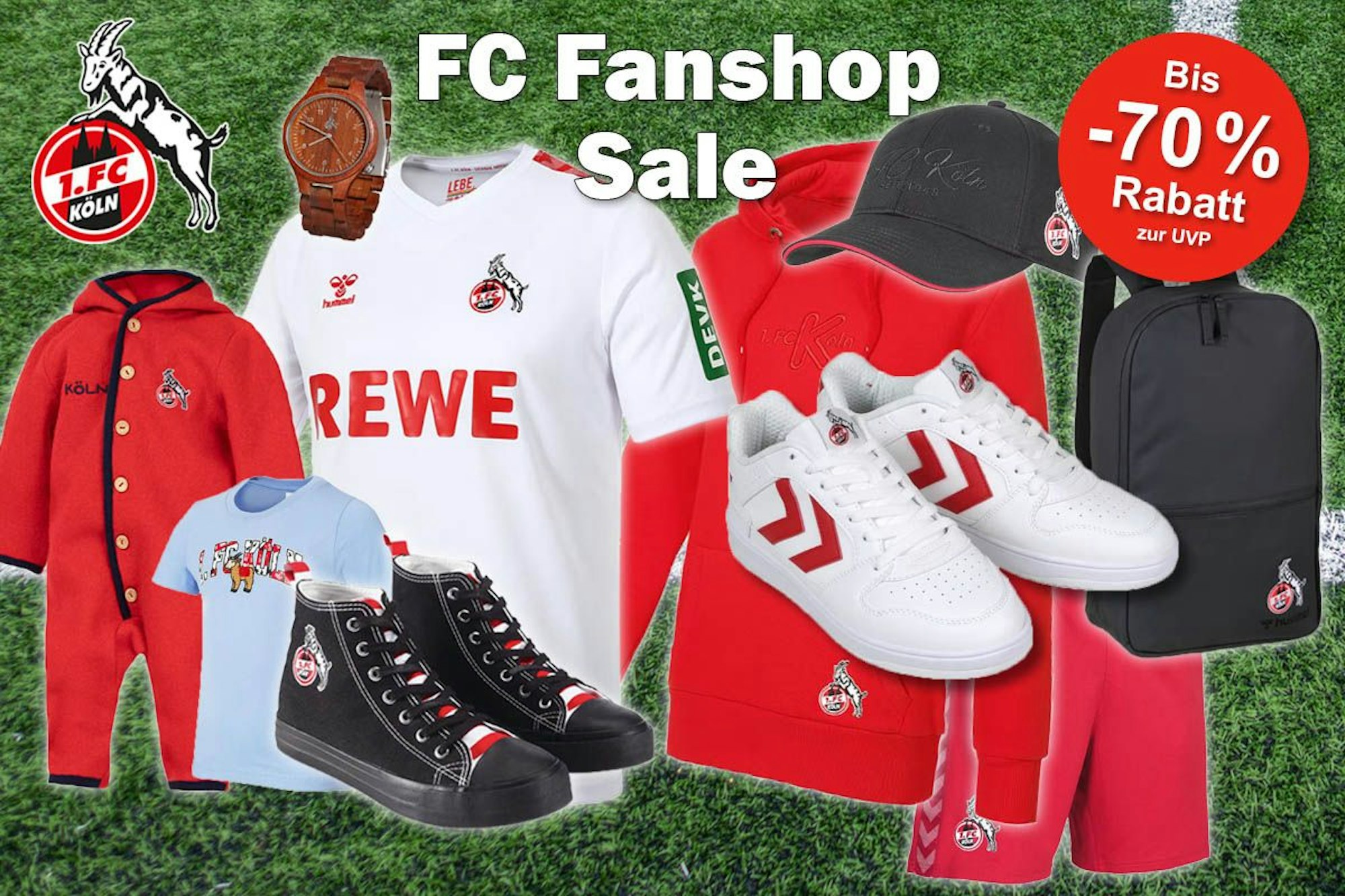 1. FC Köln Trikots, Schuhe, Shirts Holzuhr, Cap, Trainingshose vor Fußballrasen.